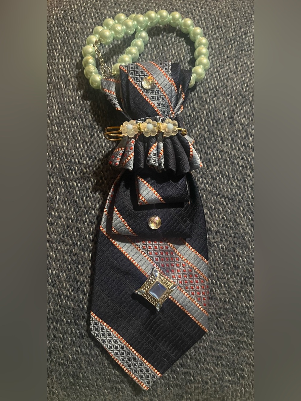 Navy Patterned Silk Necktie Necklace with Mint Pearl Accent